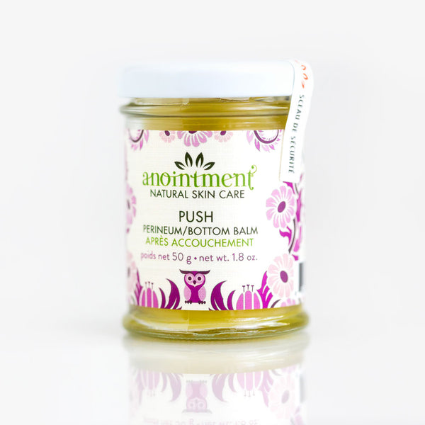 A topical balm specifically designed for the new mother’s most delicate skin. Based on traditional herbal knowledge, Push softens, lubricates and promotes elasticity when used during perineal massage. Moisturizes and soothes the discomfort caused by perineal swelling and hemorrhoids. Apply to clean skin and massage gen