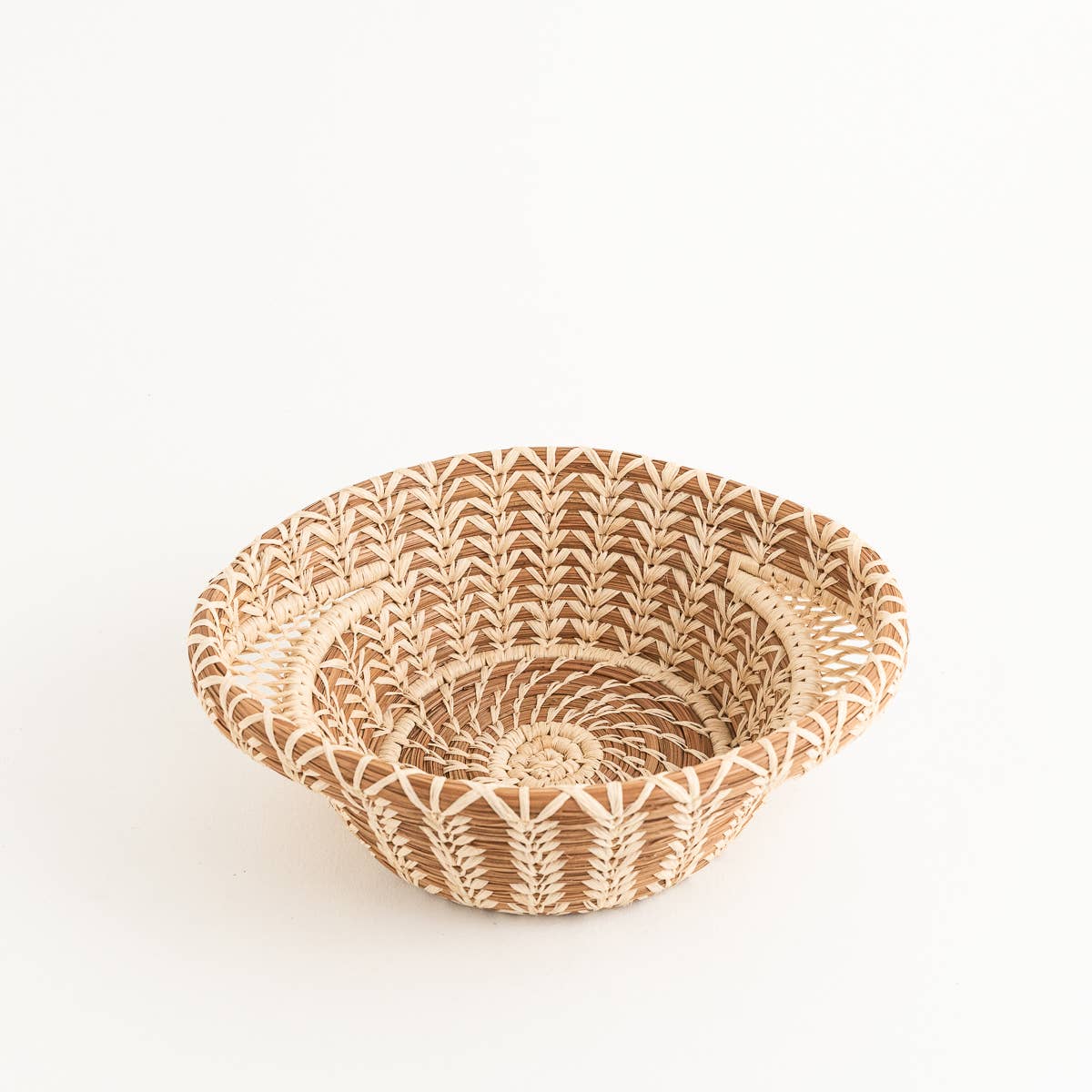 Mayan Hands Small Haida Basket with intricate pine needle weaving and decorative raffia stitching