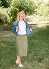 Lara Elastic Waist Olive Midi Skirt